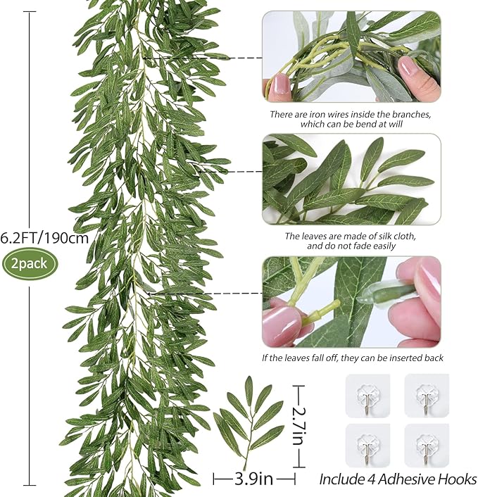 2Pcs Artificial Olive Leaves Garlands 6.2Ft-Fake Hanging Silk Willow Leaves Ivy Vines Faux Bayberry Leaves Twigs Greenery Rattan for Indoor Outdoor Wedding Birthday Party Home Garden Table Decor