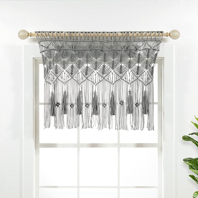 Lush Decor Boho Macrame Tassel Cotton Valance/Kitchen Curtain/Wall Decor, 30" L x 40" W, Gray