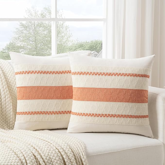 Fancy Homi Set of 2 Boho Coral Decorative Throw Pillow Cover 20x20 Inch for Couch Bed Sofa, Aesthetic Modern Organic Farmhouse Home Decor, Soft Cotton Cute Accent Macrame Woven Cushion Case