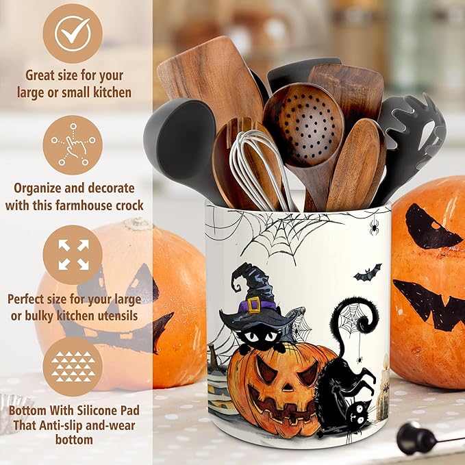 pinata Halloween Kitchen Decor Ceramic Utensil Holder, Cute Halloween Cat Pumpkin Utensils Holder, Ceramic Utensils Crock for Rustic Farmhouse Indoor Kitchen Decorations(6.3 Inches)