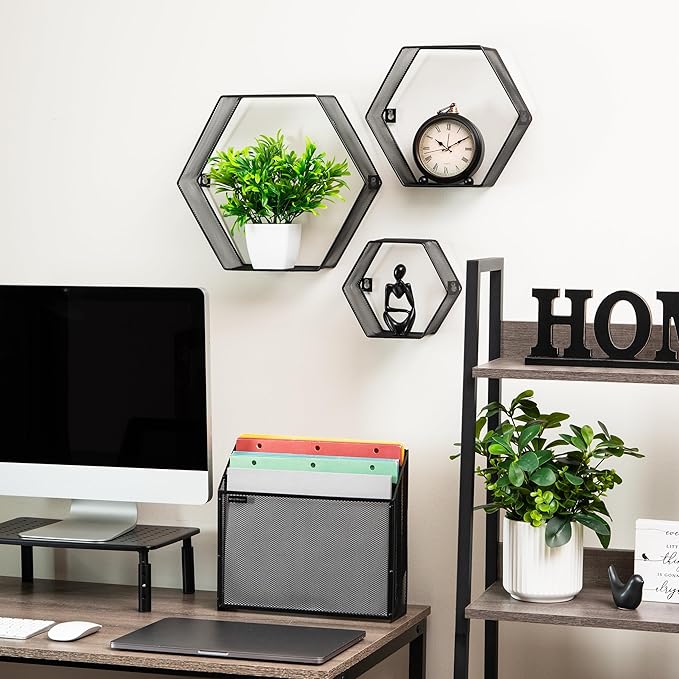 Mind Reader Hexagon Floating Shelves, Wall Decor, Honeycomb Accent Shelf, Office, Metal Mesh, 14" L x 4" W x 12" H, Set of 3, Black