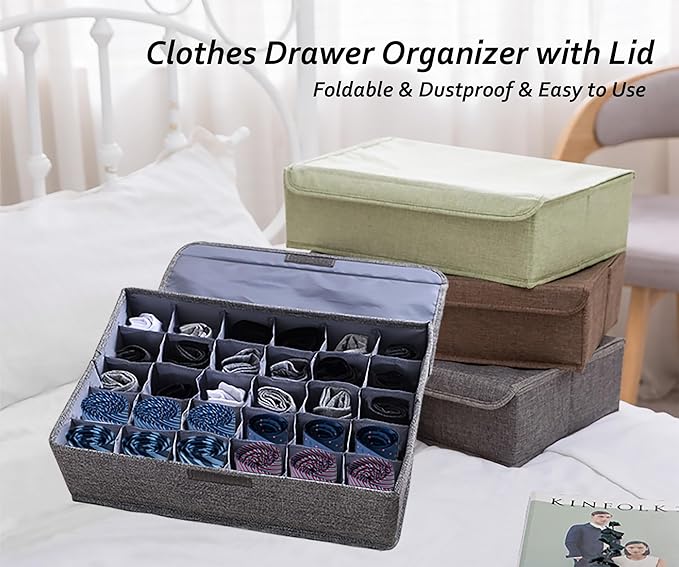 AARAINBOW 4 Packs Underwear Socks Ties Storage Organizer with Lids Foldable Closet Drawer Organizer 120 Cells, Fabric Wardrobe Divider Storage Boxes for Scarves and Lingerie (30 Cell, 4 Gray)
