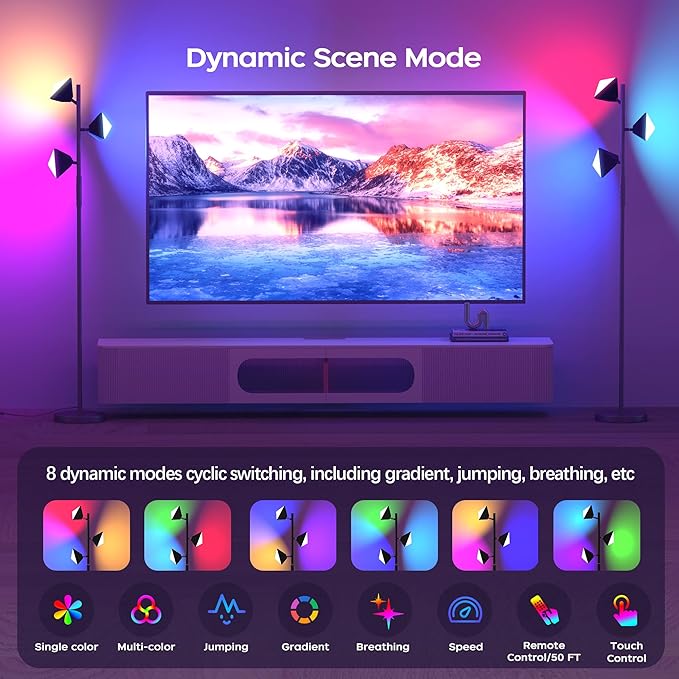 QiMH RGB Floor Lamp for Living Room, 36W LED Standing Lamp with 3 Lights, Dimmable Smart Lamp with Remote & Touch Control, Colors Changing& DIY Mode, Modern Tree Tall Lamp for Bedroom, Black