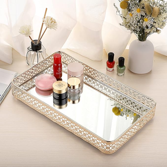 ELLDOO Gold Perfume & Makeup Vanity Tray - Hollow-Carved Jewelry Storage, Glass & Metal Trinket Organizer for Dresser & Bathroom Countertop, Large Size