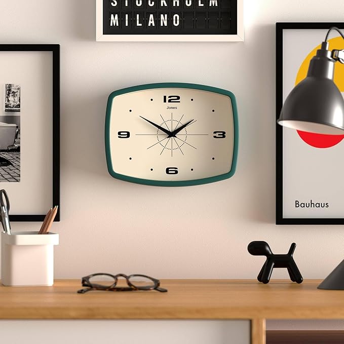 JONES CLOCKS® Movie Wall Clock | Rectangular Retro Clock | 10 inch | Dark Green | Cool mid-Century Designer Look for Kitchen, Living Room or Office