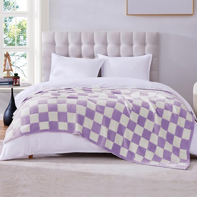 WRENSONGE Checkered Throw Blanket, Purple Soft Cozy Fluffy Warm Hand Made Throw Blankets for Couch, Sofa, Chair, Bed, Camping, Picnic, Travel Lightweight Bed Blanket - 60"*80"