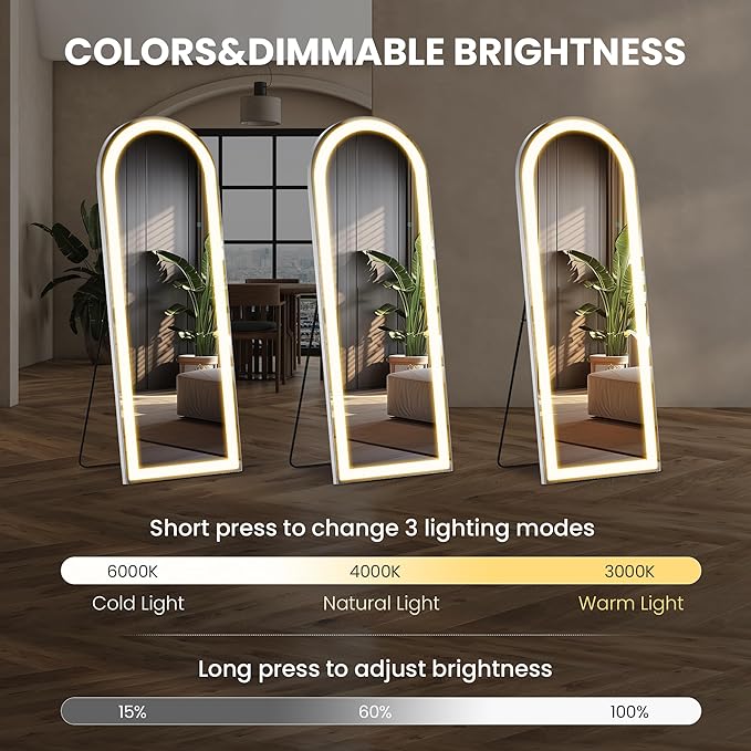 71" x 26" Arched Full Length Mirror with LED Lights, Floor Mirror with Stand, Wall Mirrors Full Length, Body Floor Mirrors, Wall Mounted for Bedroom, Dimmable, Tempered Glass