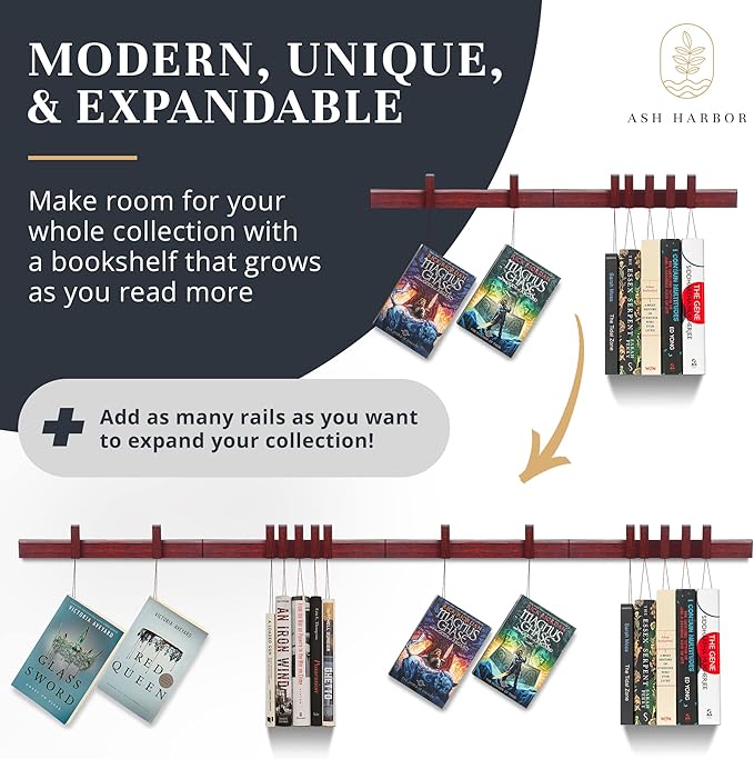 Floating Wall Bookshelf - Wall Mounted Book Organizer with Included Bookmarks - Hardwood Hanging Bookshelf for Bedroom, Living Room, or Kitchen - A Thoughtful Gift for Book Lovers (Dark)