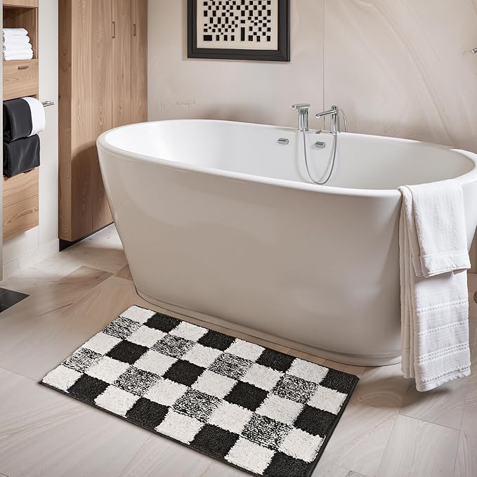 GRANNY SAYS Checkered Black Bathroom Rugs, 24" x 16", Non-Slip Bath Mats for Bathroom, Plush Shag Absorbent Microfiber Ultra Soft Bath Mat, Cute Washable Rug for Tub, Shower, Bedroom