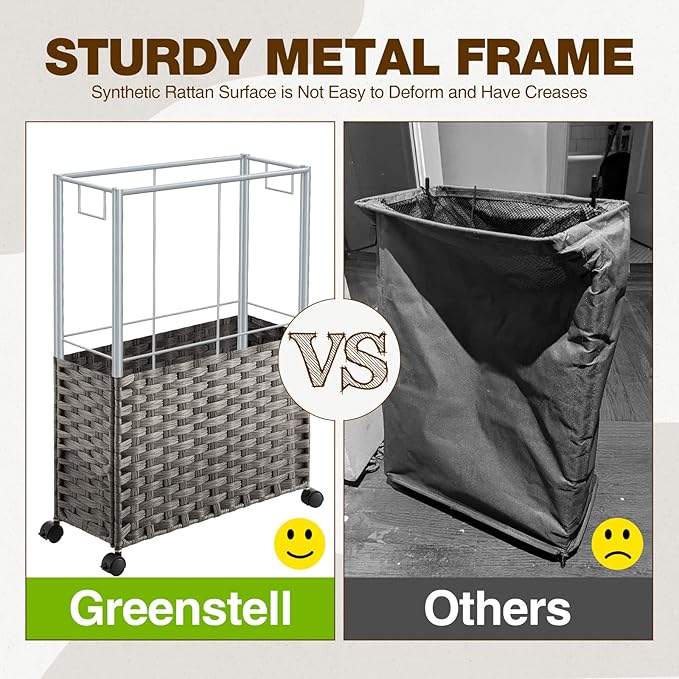 Greenstell Laundry Hamper with Wheels & Handles, 26.4 Gallon (100L) Slim Laundry Basket with 2 Removable Liner Bags & 2 Mesh Bags, Foldable Narrow Clothes Hamper for Bedroom, Bathroom, Closet, Grey