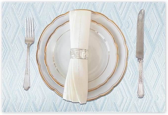 Vinyl Plastic Placemats Set of 6 Washable Heat Resistant Non-Slip Elegant Indoor Outdoor Kitchen Dining PVC Woven Table Place Mats (Sky Blue Rhombus)