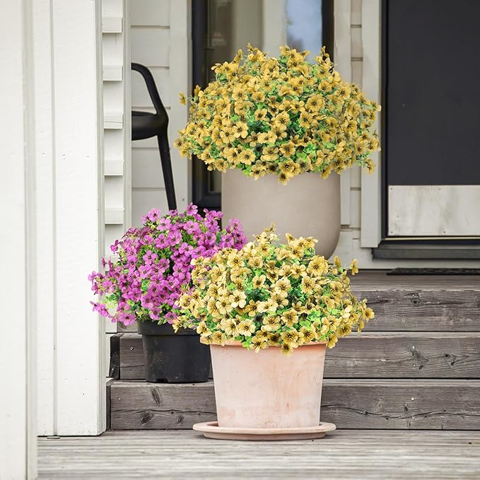 Artificial Flowers Outdoor Faux Plants UV Resistant 12 Bundles Fake Patio Flowers Plastic Greenery Plnats Outside Bulk for Spring Garden Hanging Planter Home Vase Decor, Yellow