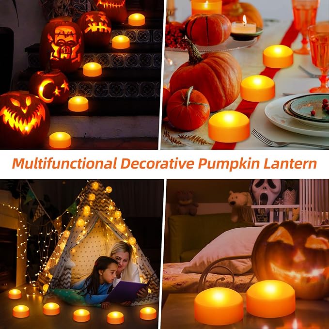 Halloween LED Pumpkin Lights, Blinking Battery Operated Lights with Remote Control and Timer, Dimmable Halloween Candle Lights for Halloween Decorations and Pumpkin Decorations - 4 Pack, Orange
