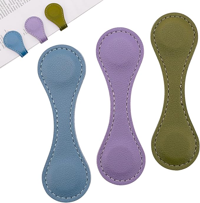 Leather Magnetic Bookmarks, 3Pcs Dark Morandi Magnet Book Mark Clips Gift for Women, Kids, Reading Book Lovers, Teacher Gift for School Office Home Supplies Father's Day Gift (Blue+Green+Purple)