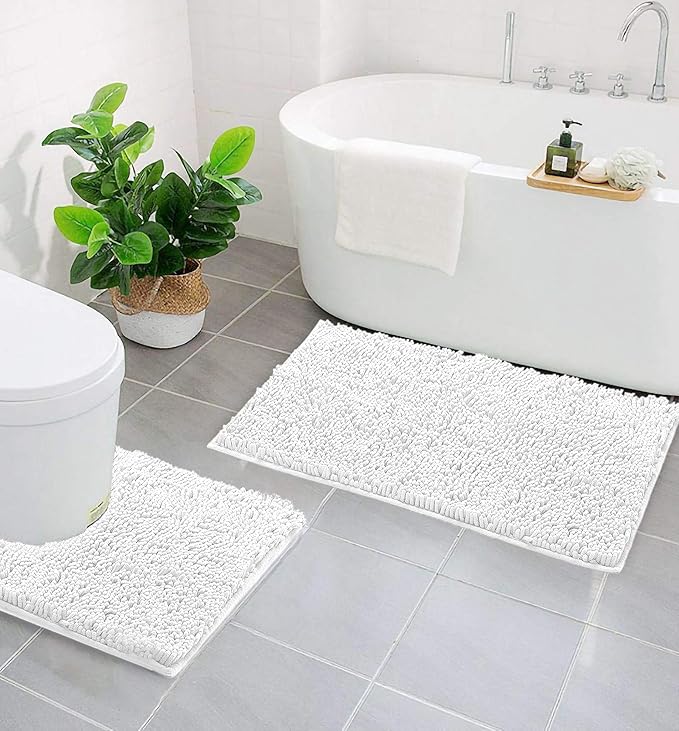 LuxUrux Bathroom Rugs Sets 2 Piece: Quick Dry, Soft Plush Anti-Slip, Super Absorbent. Includes Rectangular (31x20 inches) & U-Shaped Toilet Mat (20x20 inches) | White