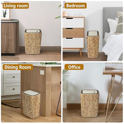 Boho Trash Can with Lid for Bathroom,2.6 Gallon Small Rattan Garbage Can with Press Top Lid,Woven Wastebasket and Hamper 2 in 1 Wicker Trash Basket for Bathroom,Kitchen,Living Room,Bedroom