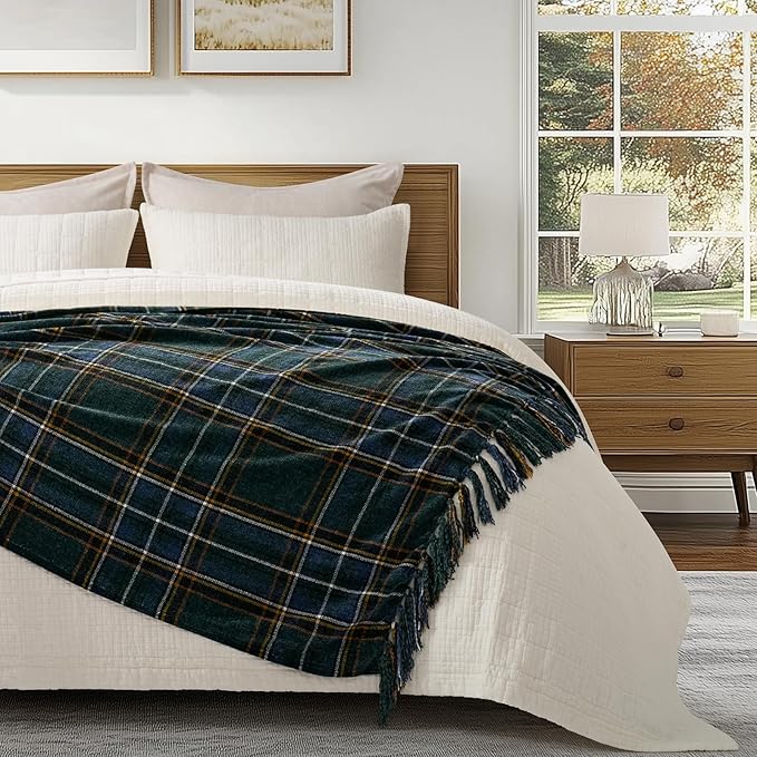 EVERGRACE Stewart Green Christmas Plaid Chenille Throw Blanket for Couch, Super Soft Cozy Tartan Checkered Throw Blanket with Tassels, Lightweight Plush Chenille Throw for Christmas Decor, 60"x80"