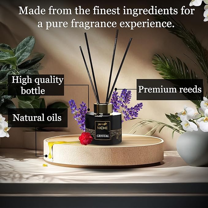 Luxury Jasmine NICHE Reed Diffuser Set 5.41 fl oz Long Lasting Home Fragrance Aromatherapy Diffuser with 6 Sticks Black Gold Bottle for Bedroom Bathroom Living Room Office Home DΓ©cor (Crystal)