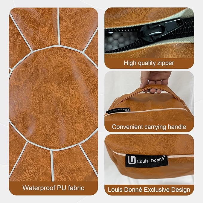 Louis Donné Pouf Ottoman Cover, Handmade Faux PU Leather Moroccan Style, Unstuffed Pouffe Ottomans, 20.8" Round, Foot Rest for Living Room, Floor Small Bean Bag Chair Gifts for Kids (Orange)