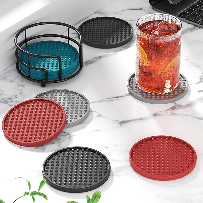 HFHOME Silicone Coasters Set with Holder, 6 Pack for Coffee Table, Bar Coasters for Home Decor Tabletop Protection - Blue