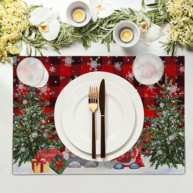 Giwawa Winter Gnomes Placemats Set of 4, Christmas Snowflakes Xmas Trees Linen Table Mats, Red Black Buffalo Plaids Non-Slip Place Mats for Kitchen Dining Holiday Decor, 12x18 Inch