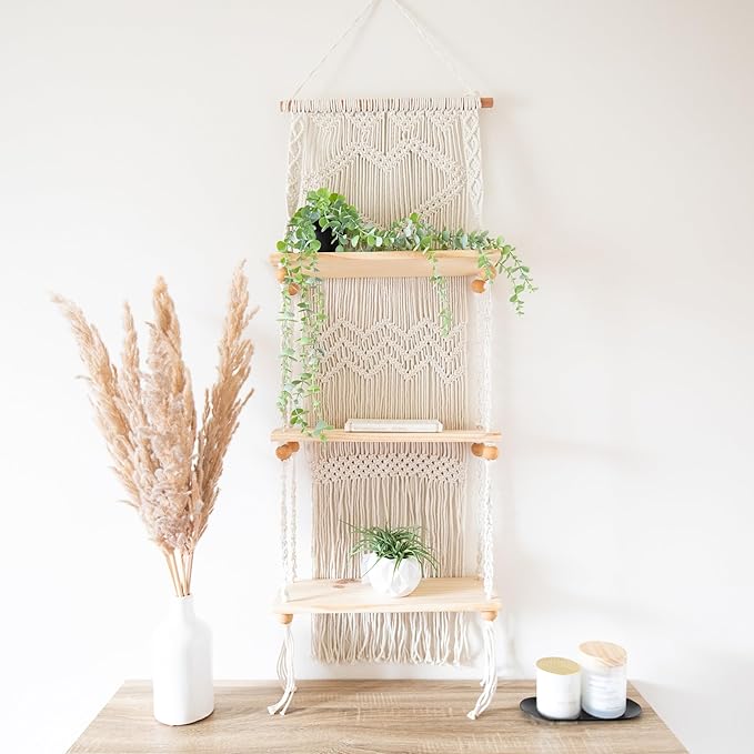 SnugLife Macrame Wall Hanging Shelf - 3 Tier Wall Plant Hanger Shelves with Handmade Woven Rope - Boho Shelves Organizer for Kitchen, Bathroom, Home Storage, Floating Plant Shelf (Pine Wood)
