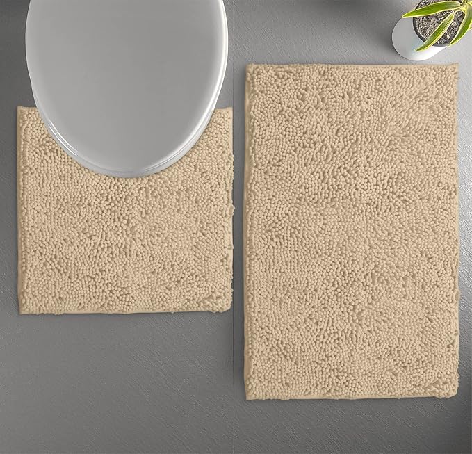 LuxUrux Bathroom Rugs Sets 2 Piece: Quick Dry, Soft Plush Anti-Slip, Super Absorbent. Includes Rectangular (31x20 inches) & U-Shaped Toilet Mat (20x20 inches) | Birch