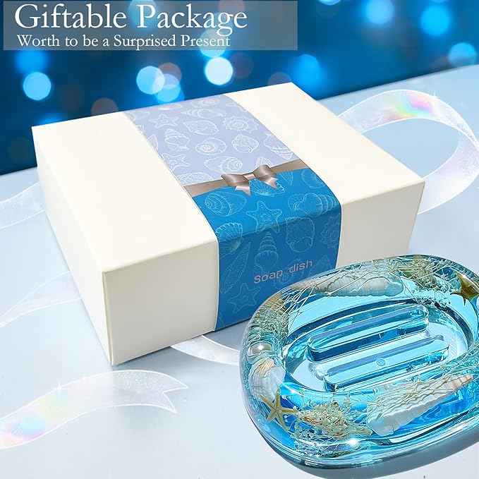 FONMY Soap Dish Acrylic w/Nature Seashell Bar Soap Holder Shower Soap Tray for Home, Camping Travel, Dry Stop soap Saver for Bathroom Vanity Countertop Office Unique Gifts and Home Decoration (Blue)