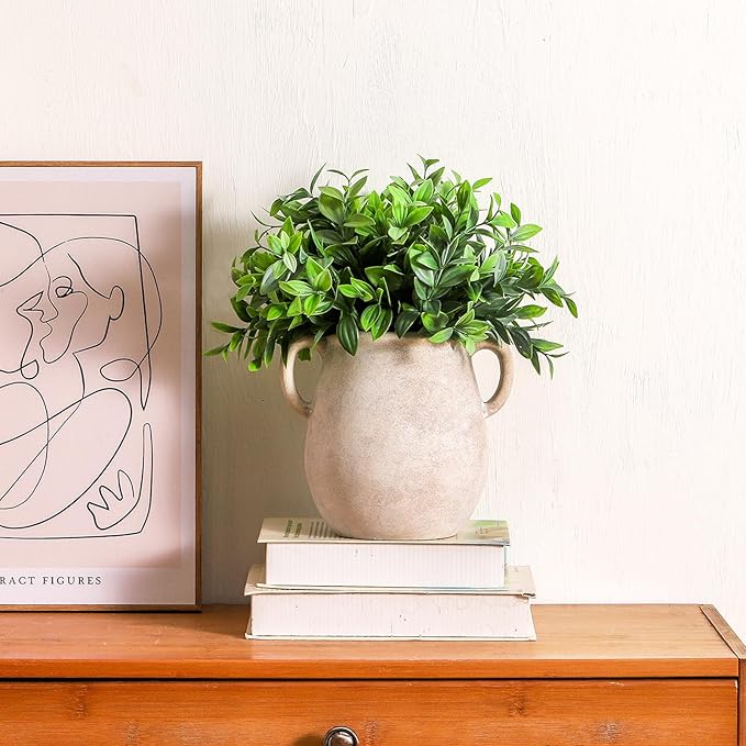 Ceramic Flower Vase Home Decor - 7.1 Inch White Rustic Table Flowers Vases Living Room Bedroom Plant Decoration Modern Farmhouse Vintage for Kitchen Shelf Office Coffee Dining Desk House Women