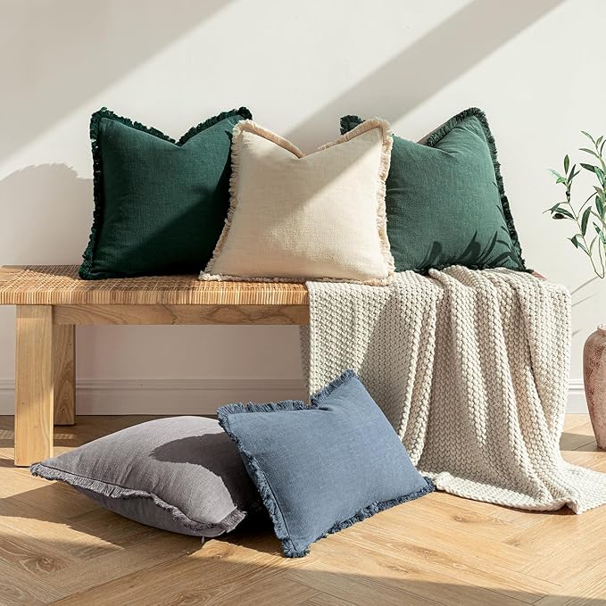 MIULEE Decorative Throw Pillow Covers Neutral Linen Fringe Throw Pillows Set of 2 Beige Boho Farmhouse Cushion Covers with Tassels for Couch Sofa Bed Living Room Spring Home Decor 20x20 Inch