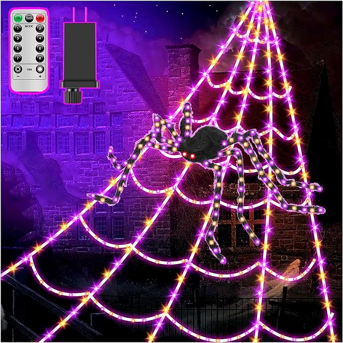 Spider Webs Halloween Decorations Lights - 450 LEDs Outdoor Halloween String Lights with 60" Light Up Spider,8 Modes Remote Control 16.4Ft Spiderweb,Waterproof (New Orange-Purple Grid Luminous Net)