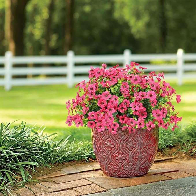 Artificial Flowers Outdoor Faux Plants UV Resistant 12 Bundles Fake Patio Flowers Plastic Greenery Plnats Outside Bulk for Spring Garden Hanging Planter Home Vase Decor, Rose Red