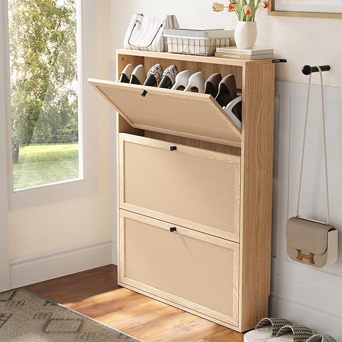 AVZEAR Narrow Shoe Storage Cabinet for Entryway with Natural Linen Panel, Freestanding Slim Shoe Cabinet with 3 Flip Drawers, Wood Shoe Organizer Closed Shoe Rack for Hallway, Living Room(Natural)