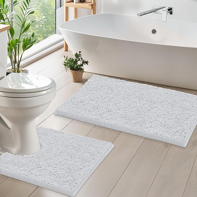 LuxUrux Bathroom Rugs Sets 2 Piece: Quick Dry, Soft Plush Anti-Slip, Super Absorbent. Includes Rectangular (31x20 inches) & U-Shaped Toilet Mat (20x20 inches) | White