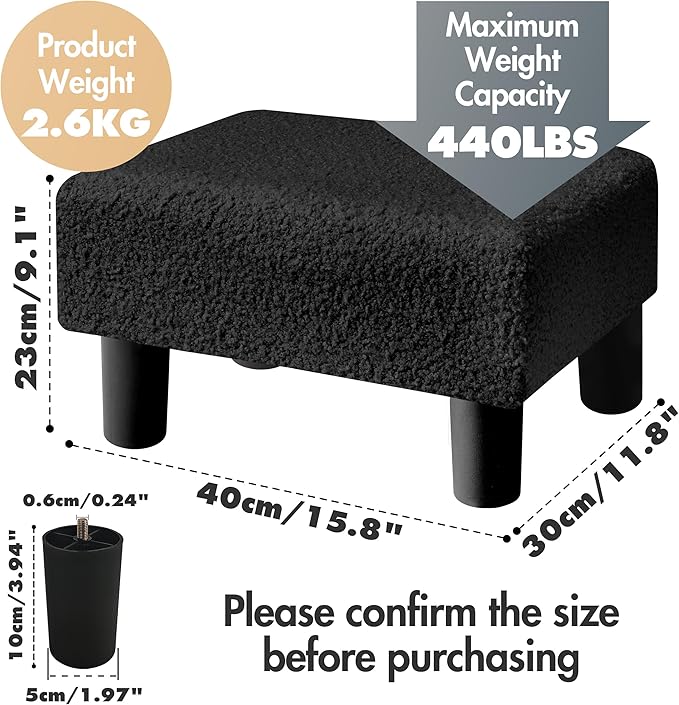 BRIAN & DANY Small Foot Stool Ottoman, Footstool with Legs, Teddy Velvet Foot Rest for Living Room, Bedroom and Office, Black
