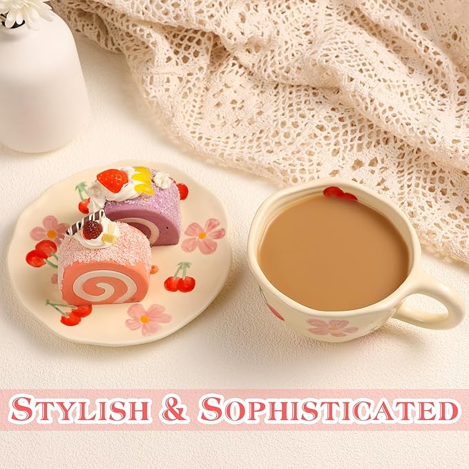 Cappuccino Cups with Saucers 8 oz Latte Art Cup Ceramics Coffee Mugs Irregular Aesthetic Flower Cups for Espresso, Double Shot, Americano, Latte, Tea - Microwave and Dishwasher Safe (Pink Cherry)