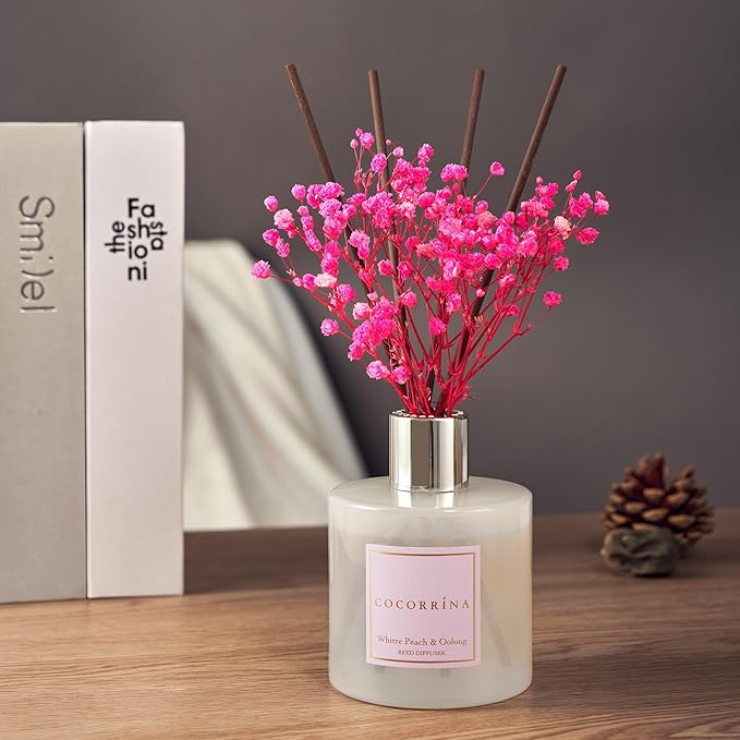 Cocorrína Reed Diffuser Sets - 6.7 oz. White Peach& Oolong Scented Diffuser with 8 Sticks Home Fragrance Reed Diffuser for Bathroom Shelf Decor