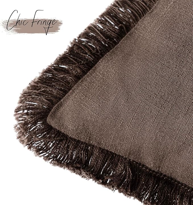 Foindtower Set of 2 Decorative Linen Fringe Throw Pillow Covers Boho Farmhouse Cushion Cover with Tassels Lumbar Accent Pillowcase for Bed Couch Living Room Home Bedroom Decor,12×24 Inch,Reddish Brown