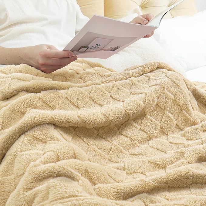 Exclusivo Mezcla Fleece Throw Blanket for Couch,Super Soft and Warm Lightweight Checkered Pattern Blankets for All Seasons,50x60 Inches, Beige