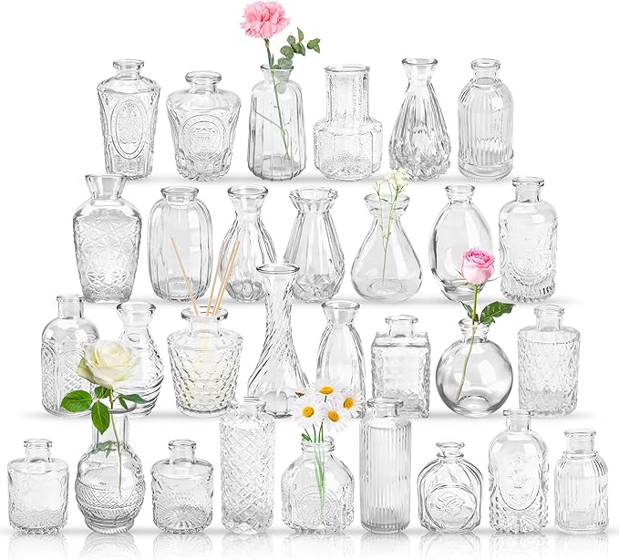 Der Rose Bud Vases in Bulk Glass Vase for Centerpieces Set of 30 Small Flower Vases Mini Vintage Vases for Rustic Wedding, Home Table Decorations (Clear)