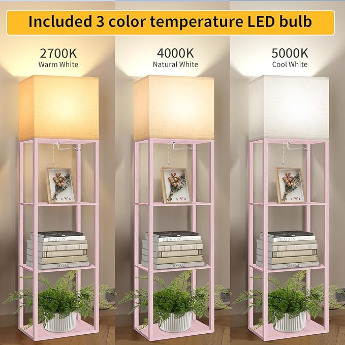 Dott Arts Floor Lamp with Shelves, Wide Floor Lamps for Living Room Display Shelf Lamps with 3 Color LED Bulb,Storage Wood Modern Floor Lamp for Bedroom Standing Lamp for Living Room Office(Pink)