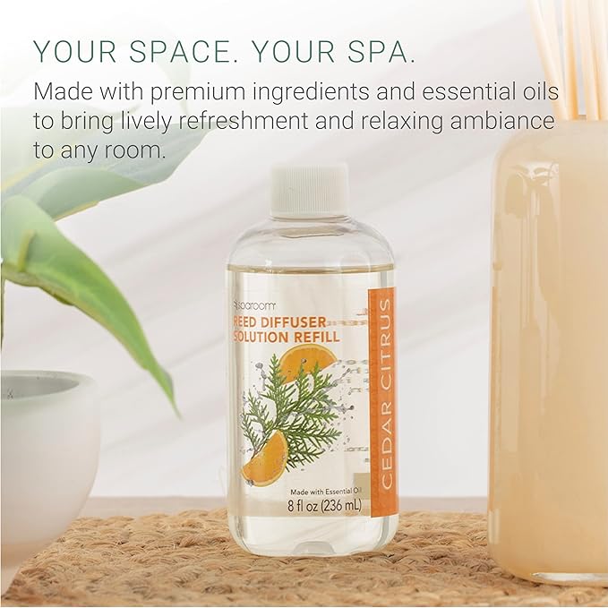 SpaRoom Reed Diffuser Oil Refill – Cedar Citrus Scent, 8oz Bright and Earthy Blend with Lemon Essentials, Invigorating Aroma for Home, Spa, or Office, Long Lasting Fragrance Solution