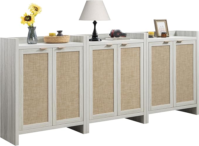 SICOTAS Shoe Cabinet Set of 3, Large Capacity Shoe Storage Organizer Cabinet, Tall Rattan Shoe Cabinet with Doors and Shelves, 6-Tier Farmhouse Wooden Storage Cabinet for Entryway, Whitish-Gray Oak