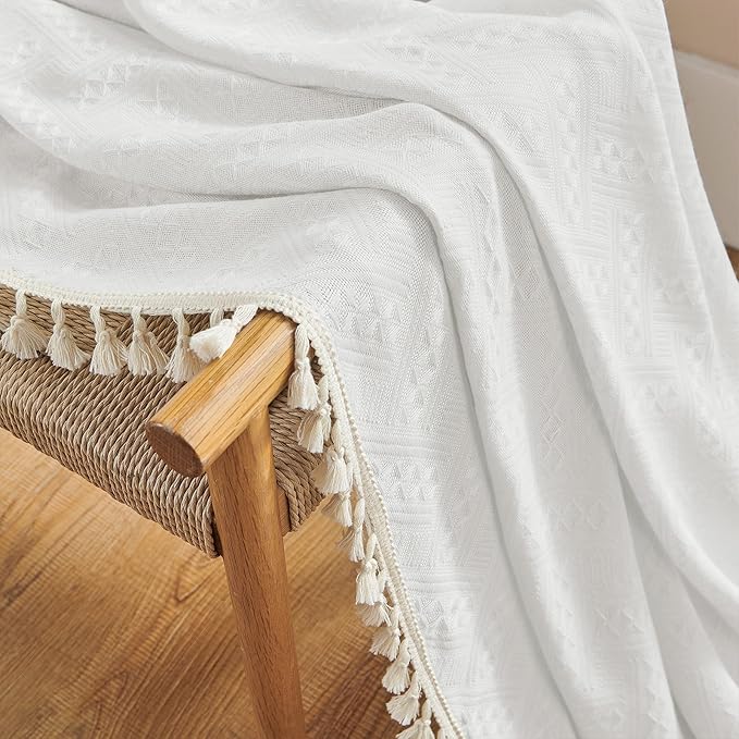 Joydeco White Boho Curtains 84 Inch Length 2 Panels, Super Soft Bohemian Farmhouse Curtains with Tassels, Semi Sheer Light Filtering Drapes for Bedroom Living Room (Rod Pocket, 52Wx84L)