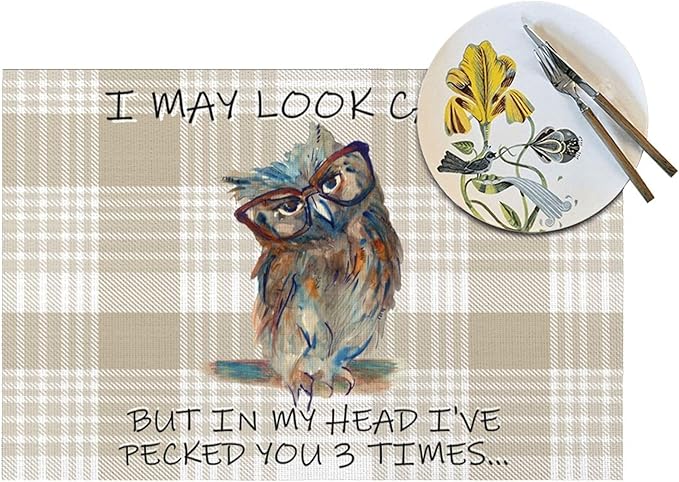 Funny Owl Placemats Set of 4, Cute Buffalo Plaid Table Mats, Heat Resistant Washable Linen Place Mats for Kitchen Dining Tables Farmhouse Decoration 12x18 Inch