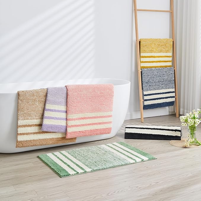CozeCube Yellow Striped Bath mats for Bathroom Non Slip, Fluffy Absorbent Microfiber Bath mat Washable, Aesthetic Bathroom Rugs, Large Bath mat for Sink, 36" x 24"