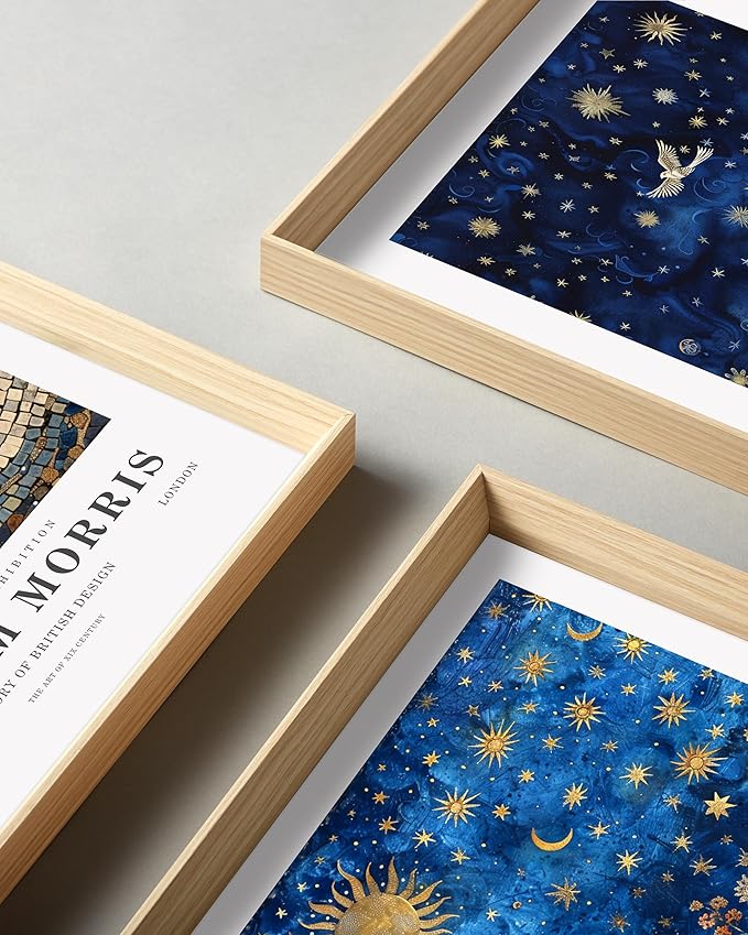 HesenDot Framed William Morris Moon and Stars Canvas Wall Art,Vintage Wall Art Prints Painting,16x12IN High Framed Design Prints,Textile Art Decor for Living Room,Bedroom,Gallery,Office Set of 3