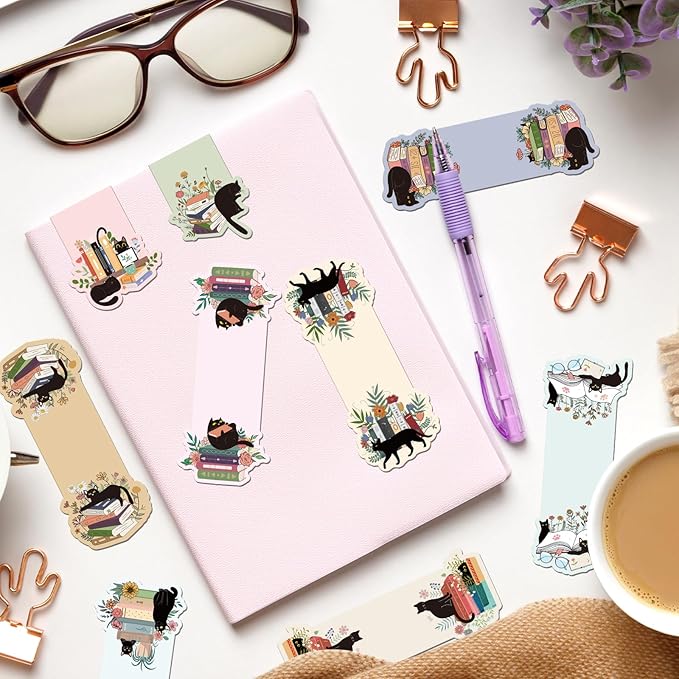 Black Cat Floral Magnetic Bookmarks - Wxiben 12 Pcs Black Cat Book Mark Magnets Cute Cartoon Cats Magnets Bookmark Page Clip Gift for Book Lovers Students Teen Teacher Office School Reading Cats Lover