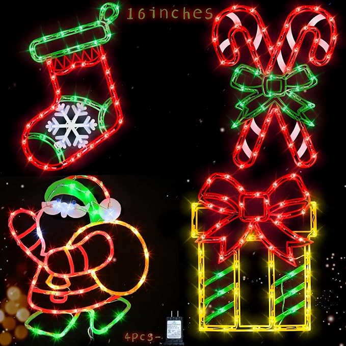 Christmas Decorations - 16" Christmas Window Silhouette Lights - 4 Pack Colour Lighted Christmas Stocking,Candy Cane,Gift Box,Santa for Holiday Indoor/Outdoor Wall Door Window Decorate
