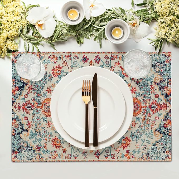 Ethnic Boho Placemats Set of 6 Southwest Orange Blue Teal Carpet Woven Texture Linen Washable Kitchen Dining Table Mats Stain Heat-Resistant Desktop Decor Place Mats for Home Party Indoor 12x18 inch